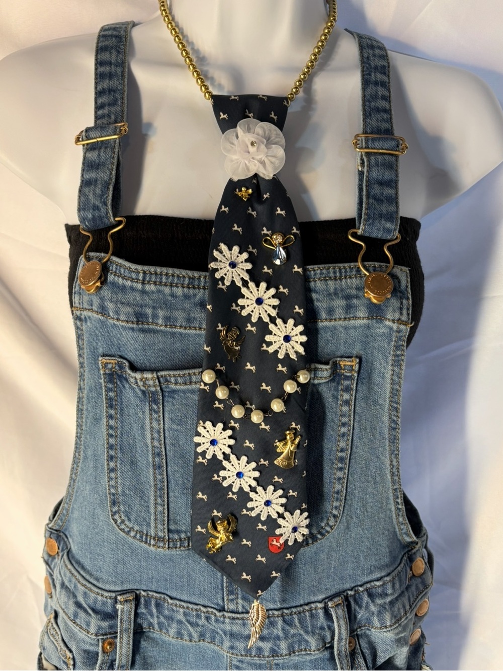 BAM Navy Angel and daisy Floral Embellished Tie Necklace